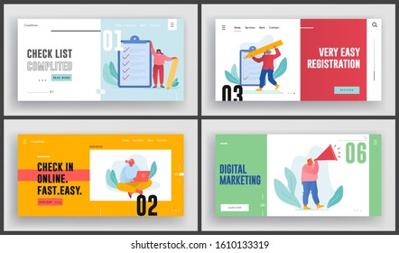 Checklist Planning Website Landing Page Set. Frau arbeitet am Laptop, Mann Shout to Megaphone, Leute füllen Checkliste für Business Plan Planung Website-Banner. Cartoon-Flache Vektorgrafik
