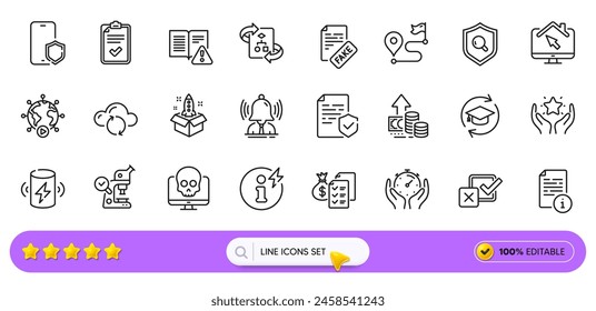 Checklist, Power info and Charge battery line icons for web app. Pack of Inspect, Technical algorithm, Phone protect pictogram icons. Fake news, Continuing education, Manual signs. Search bar. Vector