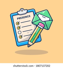 Checklist Presence Vector Illustration. Pencil with Letter. Back to School. Board Presence Class Equipment. Class Time. Flat Cartoon Style Suitable for Sticker, Wallpaper, Icon, Landing Page, Web.