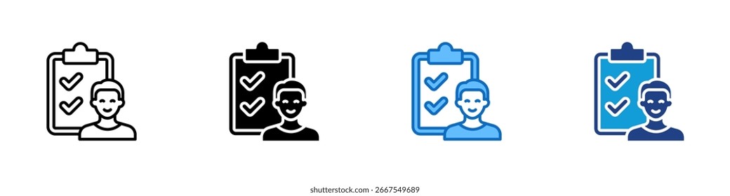 Perfil de lista de verificación Vector de diseño de íconos de varios estilos: lista de verificación en Portapapeles con un avatar de usuario, que indica la finalización de una tarea personal o la revisión del rendimiento