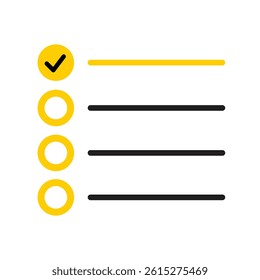 Checklist Progress Visual - Yellow Checkmarked Circle Icon Highlights Completed Task, Surrounded by Three Pending Tasks in Black - Ideal Graphic for To-Do Lists and Planning