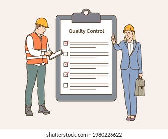 Checklist, quality control, construction industry concept. Team of engineers control and check work together