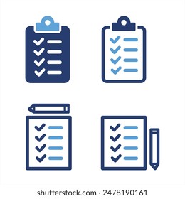  Checklist Quality Control document icon set. Containing clipboard with checkmark, list, report, task, agreement, checkbox on paper icon vector illustrations