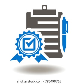 Checklist Quality Stamp Check Mark Pen Icon Vector. Clipboard Pencil Approved Medal Illustration. Contract Logo Symbol.