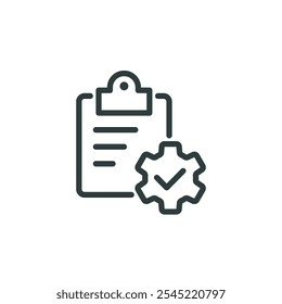 Lista de comprobación, prueba de cuestionario, icono de esquema de formulario de registro. Portapapeles y engranaje de señal de línea. Pictograma aislado de Vector para Web y App sobre fondo blanco.