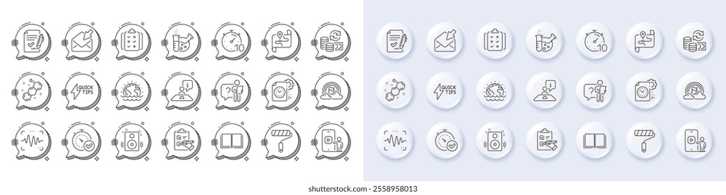 Checklist, Quickstart guide and Book line icons. White pin 3d buttons, chat bubbles icons. Pack of Paint roller, Disaster, Interview icon. Search employee, Map, Change money pictogram. Vector