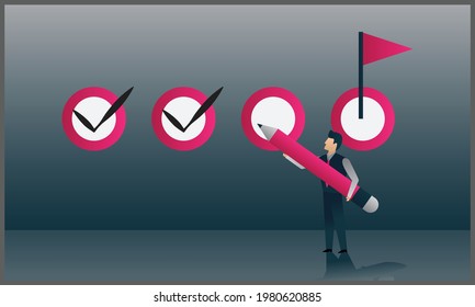 checklist to remind project progress concept, businessman project manager holding big pencil to check completed tasks in project management timeline