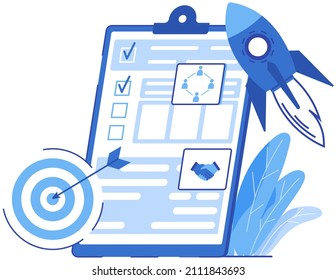 Checklist with results of social surveys, customer data. Clipboard with document, target and rocket. Targeted advertising, business marketing concept. Creation of new project, startup strategy