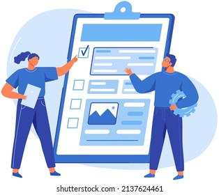 Checklist with results of social surveys, customer data. Clipboard with document, target. Targeted advertising, business marketing concept. Form with survey, paper sheet with results of review