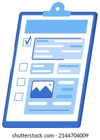 Checklist with results of social surveys, customer data. Clipboard with document, target. Targeted advertising, business marketing concept. Form with survey, paper sheet with results of review