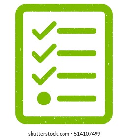 Checklist rubber seal stamp watermark. Icon vector symbol with grunge design and dirty texture. Scratched eco green ink emblem on a white background.