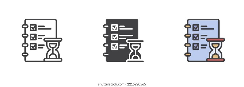 Checklist and sand clock different style icon set. Line, glyph and filled outline colorful version, outline and filled vector sign. Time management symbol, logo illustration. Vector graphics