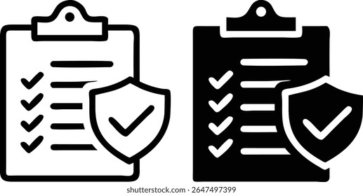 Checklist Security Icon Set – Black and White Clipboard Protection Symbol Vector Illustration