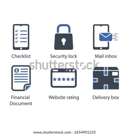 Checklist, Security lock, Mail inbox, Financial Document, Website rating, Delivery box, icon