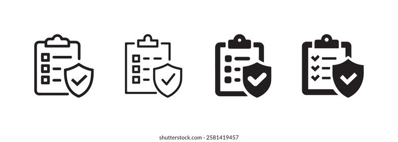 Checklist and security shield icon set representing business protection document verification quality control task management and compliance in black and outline minimal vector style.