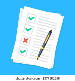 Checklist. Sheets of paper with check boxes, green checkmarks, red x mark and pen. List, survey, tasks concepts. Vector illustration