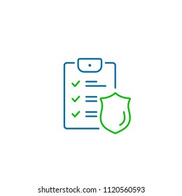 Checklist and shield, Insurance policy concept, data document security, vector line icon.