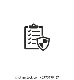 Checklist and shield, Insurance policy concept, data document security, vector line icon.