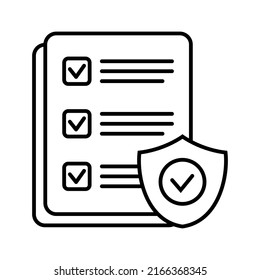 Lista de comprobación y blindaje, concepto de póliza de seguros, seguridad de documentos de datos, icono de línea vector.
