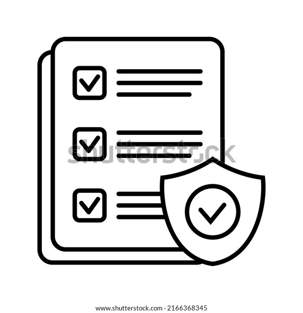 Checklist and shield, Insurance policy\
concept, data document security, vector line\
icon.