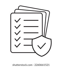 Checklist and shield line icon, Insurance policy concept, data document security, vector icon.