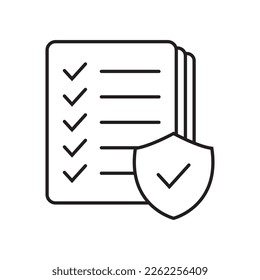 Checklist and shield line icon, Insurance policy concept, data document security, vector icon.