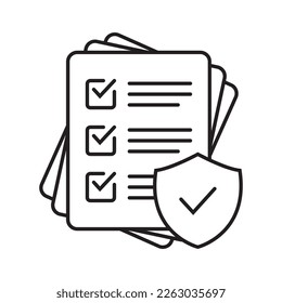 Checklist and shield line icon, Insurance policy concept, data document security, vector icon.