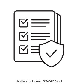 Checklist and shield line icon, Insurance policy concept, data document security, vector icon.