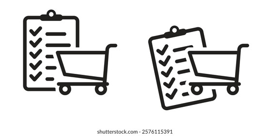 Checklist, shopping list or messages note for in te supermarket, self service. Supermarket pushcart. Shopping cart or trolley. Empty handcart. Grocery list icon or logo.