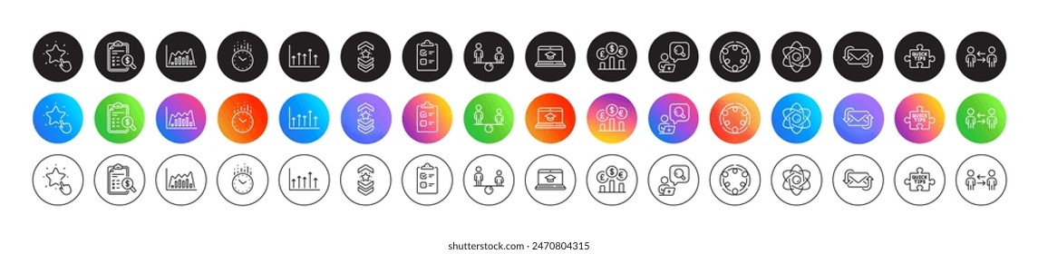 Checklist, Shoulder strap and Refresh mail line icons. Round icon gradient buttons. Pack of Growth chart, Time, Inspect icon. Infographic graph, Accounting report, Quick tips pictogram. Vector