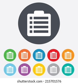 Checklist sign icon. Control list symbol. Survey poll or questionnaire form. Round colourful 11 buttons. Vector