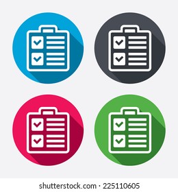 Checklist sign icon. Control list symbol. Survey poll or questionnaire form. Circle buttons with long shadow. 4 icons set. Vector