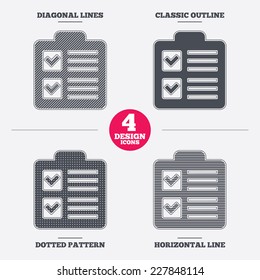 Checklist sign icon. Control list symbol. Survey poll or questionnaire form. Diagonal and horizontal lines, classic outline, dotted texture. Pattern design icons.  Vector