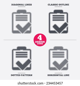 Checklist sign icon. Control list symbol. Survey poll or questionnaire feedback form. Diagonal and horizontal lines, classic outline, dotted texture. Pattern design icons.  Vector