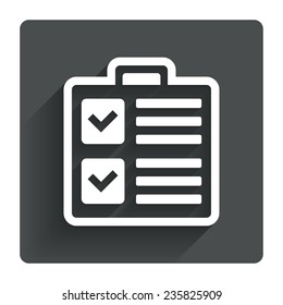 Checklist sign icon. Control list symbol. Survey poll or questionnaire form. Gray flat square button with shadow. Modern UI website navigation. Vector