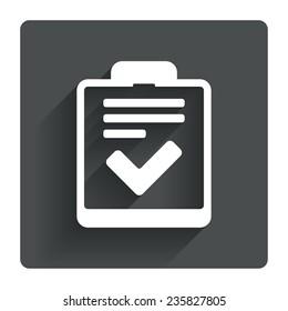 Checklist sign icon. Control list symbol. Survey poll or questionnaire feedback form. Gray flat square button with shadow. Modern UI website navigation. Vector