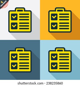 Checklist sign icon. Control list symbol. Survey poll or questionnaire form. Four squares. Colored Flat design buttons. Vector
