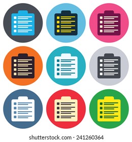 Checklist sign icon. Control list symbol. Survey poll or questionnaire form. Colored round buttons. Flat design circle icons set. Vector