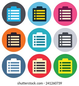Checklist sign icon. Control list symbol. Survey poll or questionnaire form. Colored round buttons. Flat design circle icons set. Vector