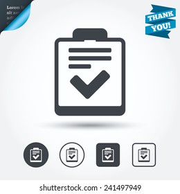 Checklist sign icon. Control list symbol. Survey poll or questionnaire feedback form. Circle and square buttons. Flat design set. Thank you ribbon. Vector