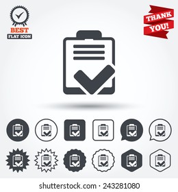 Checklist sign icon. Control list symbol. Survey poll or questionnaire feedback form. Circle, star, speech bubble and square buttons. Award medal with check mark. Thank you ribbon. Vector