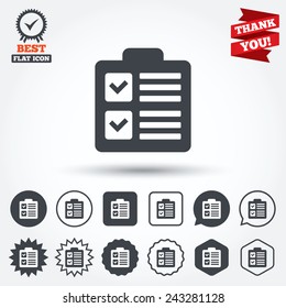 Checklist sign icon. Control list symbol. Survey poll or questionnaire form. Circle, star, speech bubble and square buttons. Award medal with check mark. Thank you ribbon. Vector