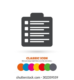 Checklist sign icon. Control list symbol. Survey poll or questionnaire form. Classic flat icon. Colored circles. Vector
