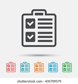 Checklist sign icon. Control list symbol. Survey poll or questionnaire form. Graphic element on white background. Colour clean flat checklist icons. Vector