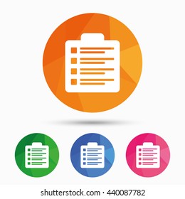 Checklist sign icon. Control list symbol. Survey poll or questionnaire form. Triangular low poly button with flat icon. Vector