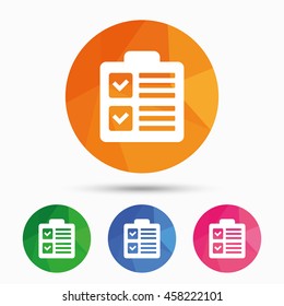Checklist sign icon. Control list symbol. Survey poll or questionnaire form. Triangular low poly button with flat icon. Vector