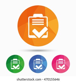 Checklist sign icon. Control list symbol. Survey poll or questionnaire feedback form. Triangular low poly button with flat icon. Vector