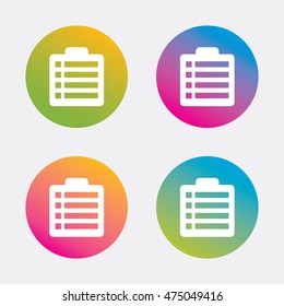 Checklist sign icon. Control list symbol. Survey poll or questionnaire form. Gradient flat buttons with icon. Modern design. Vector