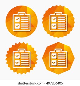 Checklist sign icon. Control list symbol. Survey poll or questionnaire form. Triangular low poly buttons with flat icon. Vector