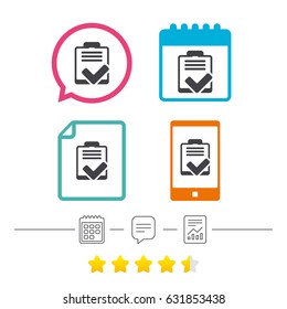 Checklist sign icon. Control list symbol. Survey poll or questionnaire feedback form. Calendar, chat speech bubble and report linear icons. Star vote ranking. Vector